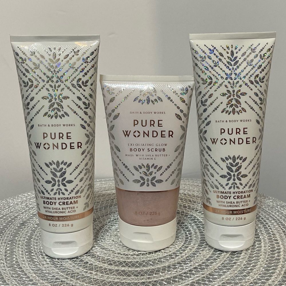 BBW Pure Wonder Body Cream and Scrub Set of 3 NWT